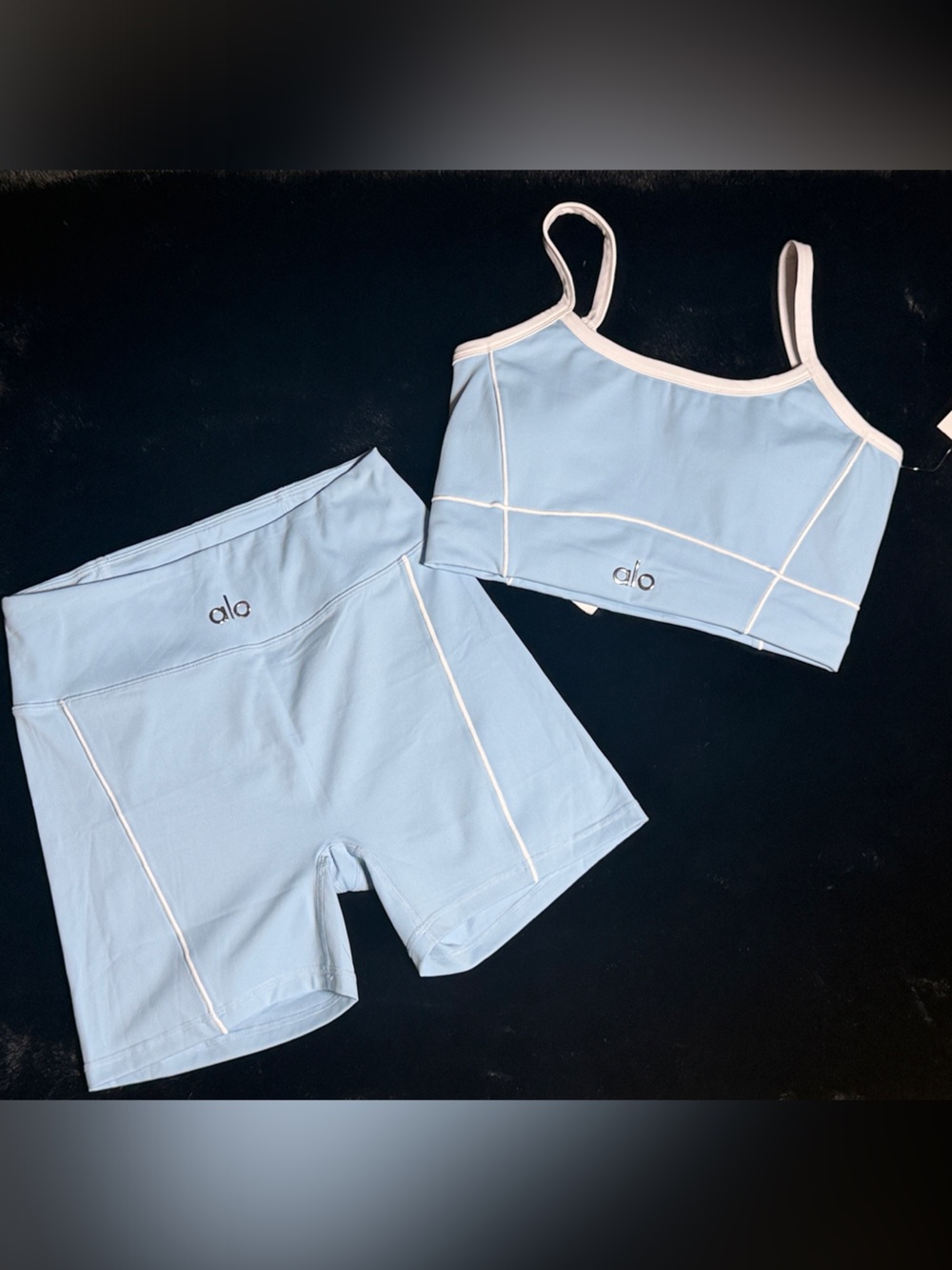 ALO Yoga Light Blue Cropped Tank and Bike Shorts Set